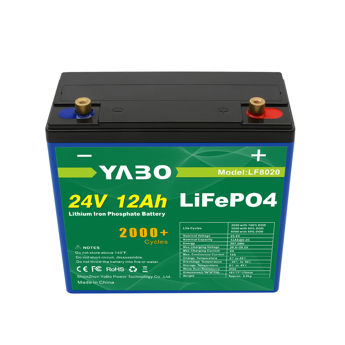 YABO 24V 12Ah LiFePO4 Lithium Iron Phosphate Battery – Lightweight, Durable, Long-Life